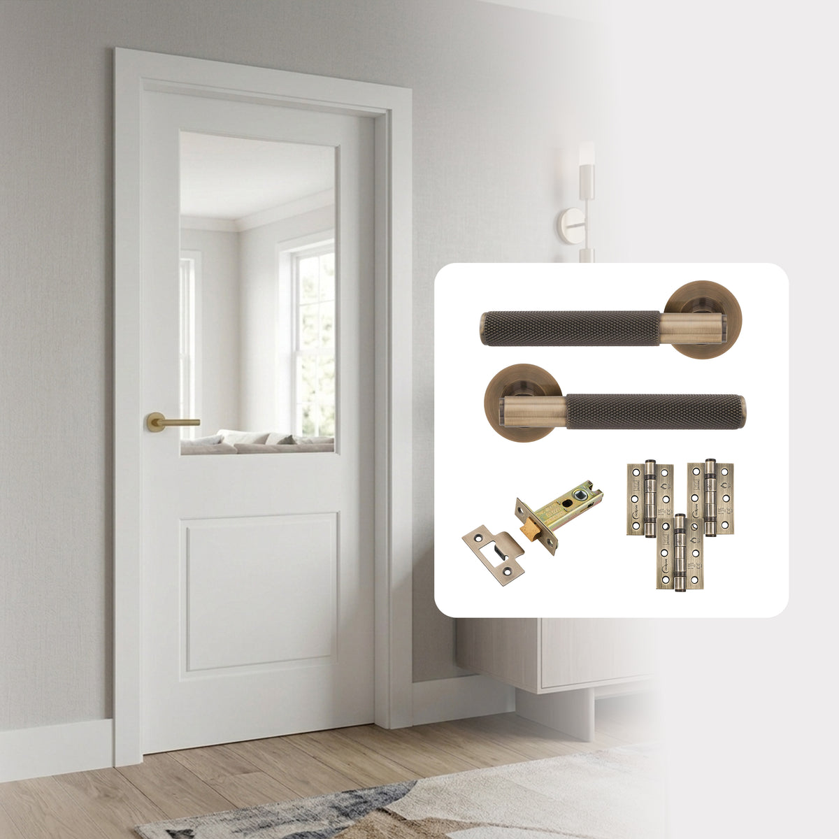 Fully Finished White Laminate 1 Panel 1L Clear Glazed Internal Door with Handle Pack