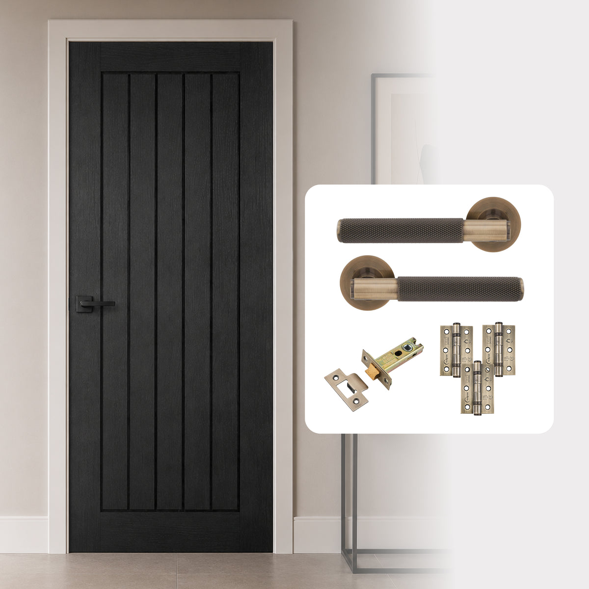 Fully Finished Black Oak Mexicano Internal Door with Handle Pack