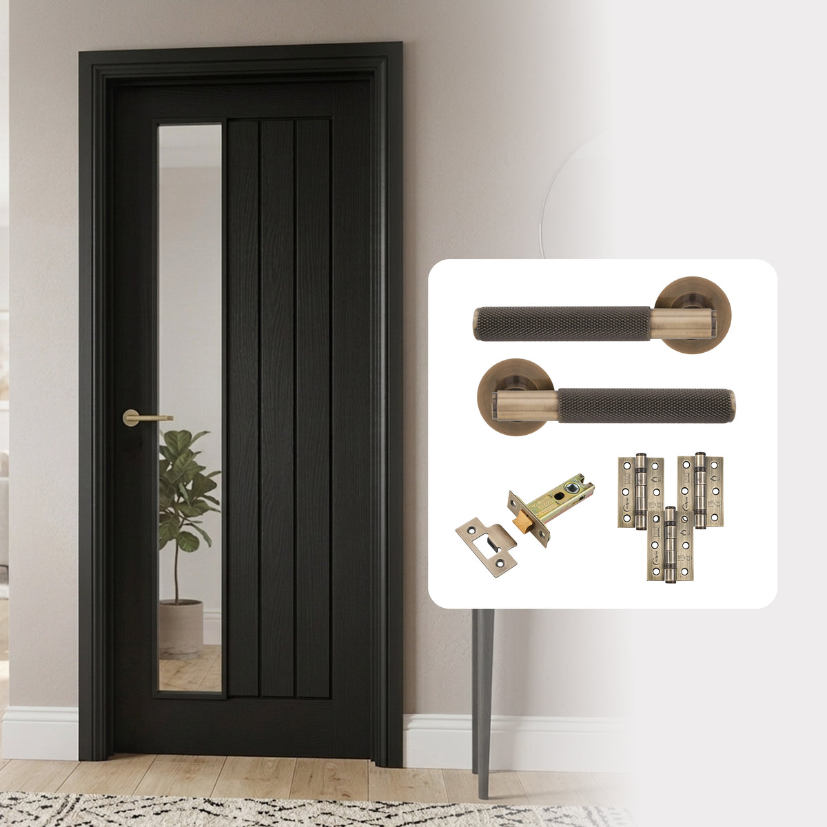 Fully Finished Black Mexicano Offset Clear Glazed Fire Rated FD30 Internal Door with Handle Pack