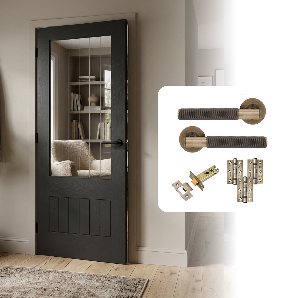 Fully Finished Black Suffolk 2XG Clear Glazed Laminate Internal Cottage Door with Handle Pack