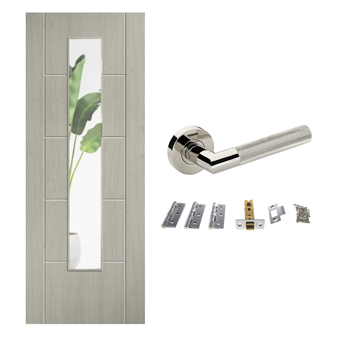 Ladder 5P Clear Glazed Laminate Light Grey Finished Internal Door & Handle Pack Bundle