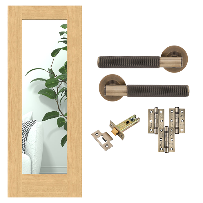 Unfinished Oak Pattern 10 Glazed FD30 Fire Rated Internal Door with Handle Pack