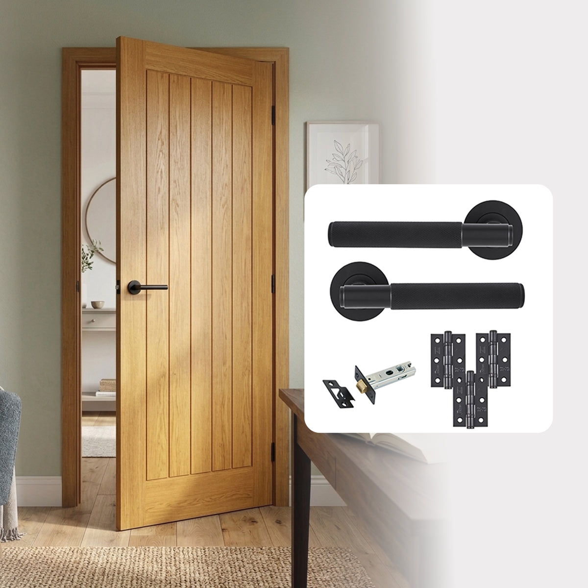Pre-Finished Oak Tuscany Cottage Style FD30 Fire Rated Internal Door with Handle Pack