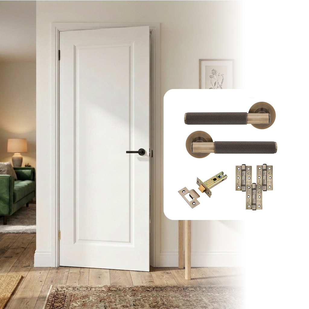 White Primed Smooth Moulded 1 Panel Hollow Core Internal Door with Handle Pack