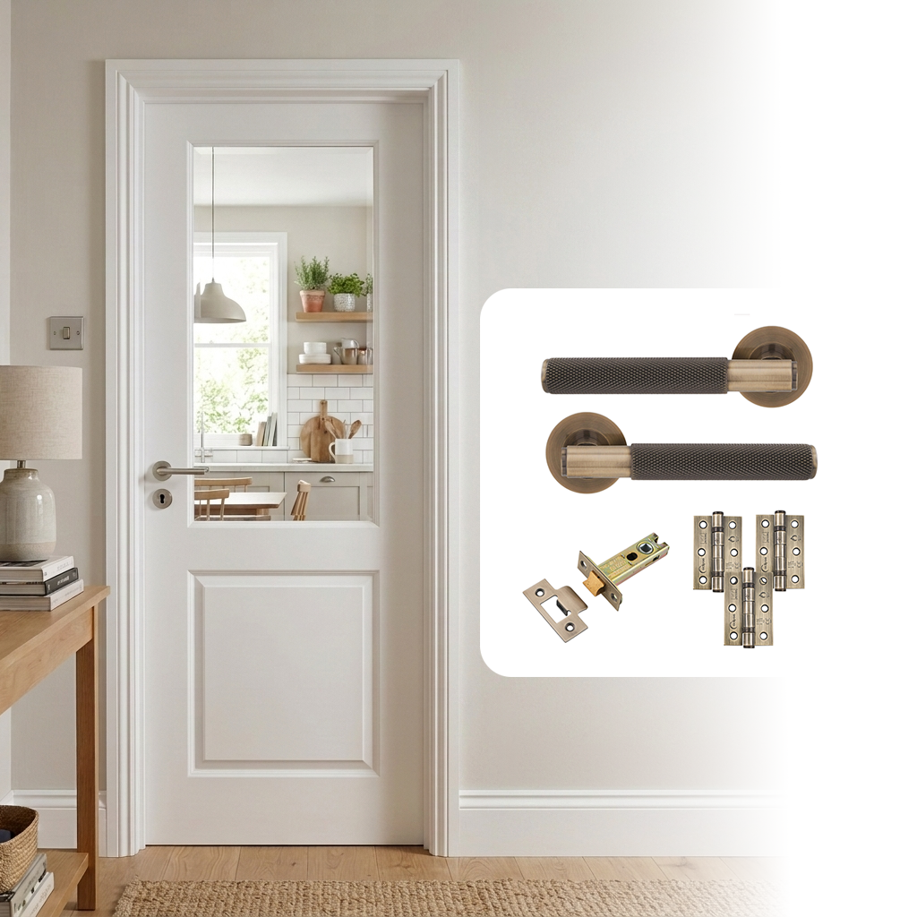 White Primed Smooth 2 Panel Clear Glazed Hollow Core Internal Door with Handle Pack