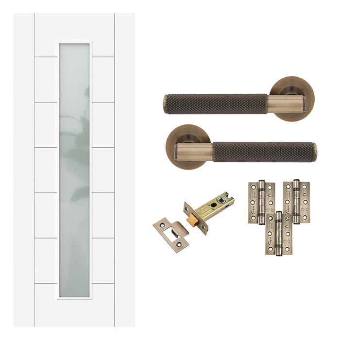Fully Finished 7 Panel White Frosted Glazed Internal Door & Handle Pack Bundle