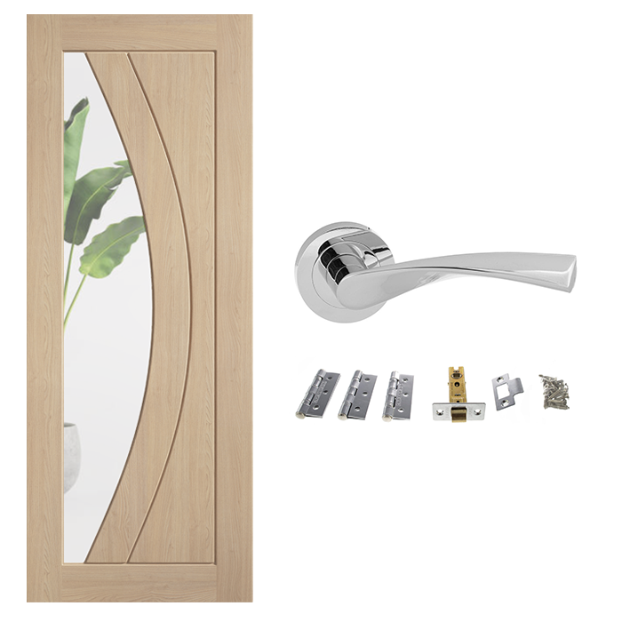 Unfinished Oak Girona Clear Glazed Internal Door & Handle Pack Bundle