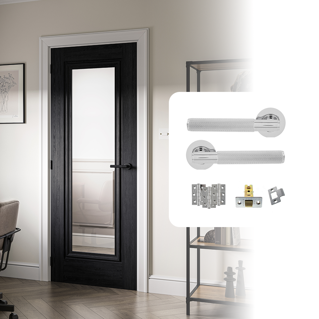 Fully Finished Black Laminate Haddon Clear Glazed 1 Panel Internal Door with Handle Pack