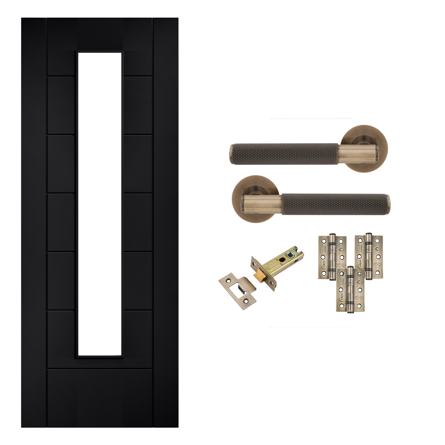 Linear 7P Clear Glazed Laminate Black Finished Internal Door & Handle Pack Bundle