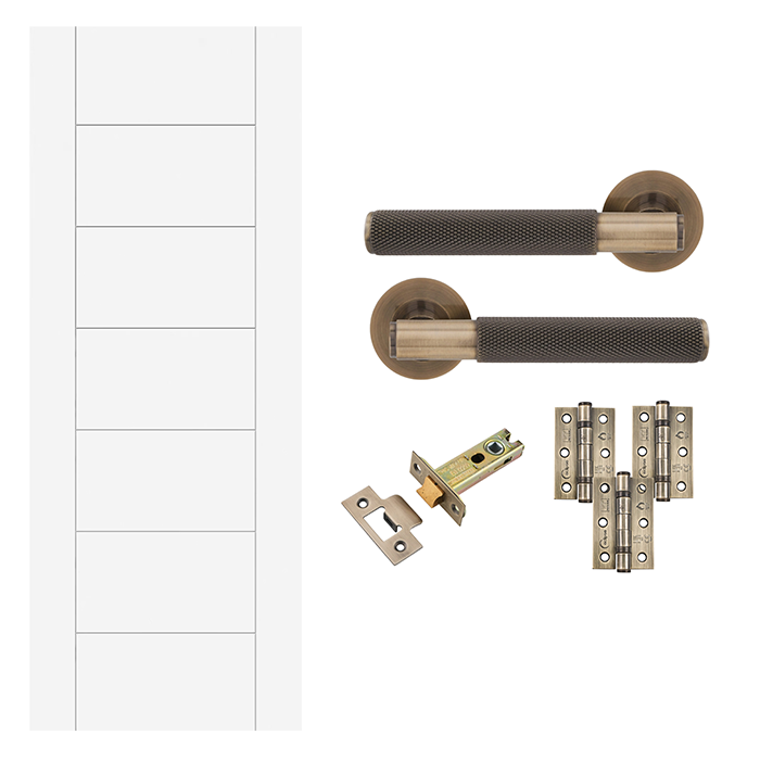 Fully Finished 7 Panel White FD30 Fire Rated Internal Door & Handle Pack Bundle