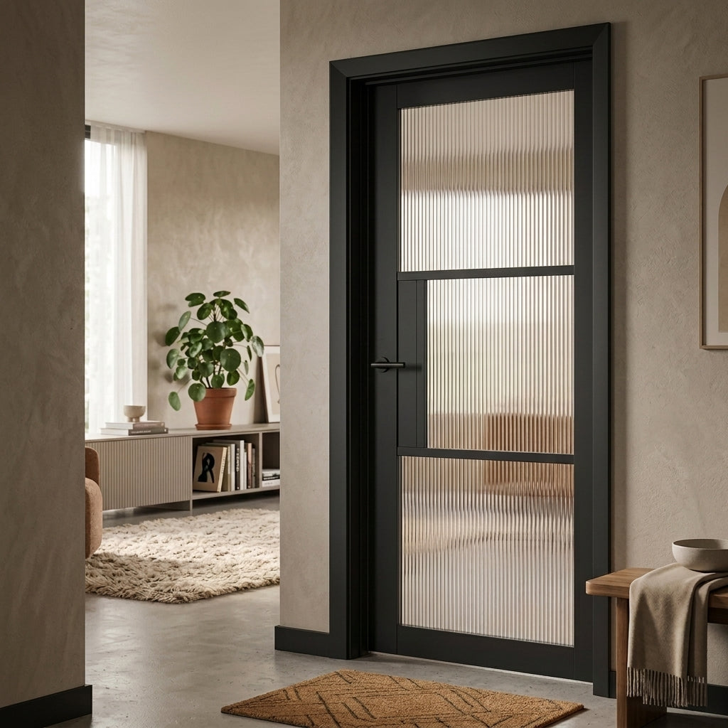 Fully Finished Black Laminate Florence Reeded Glazed Internal Door