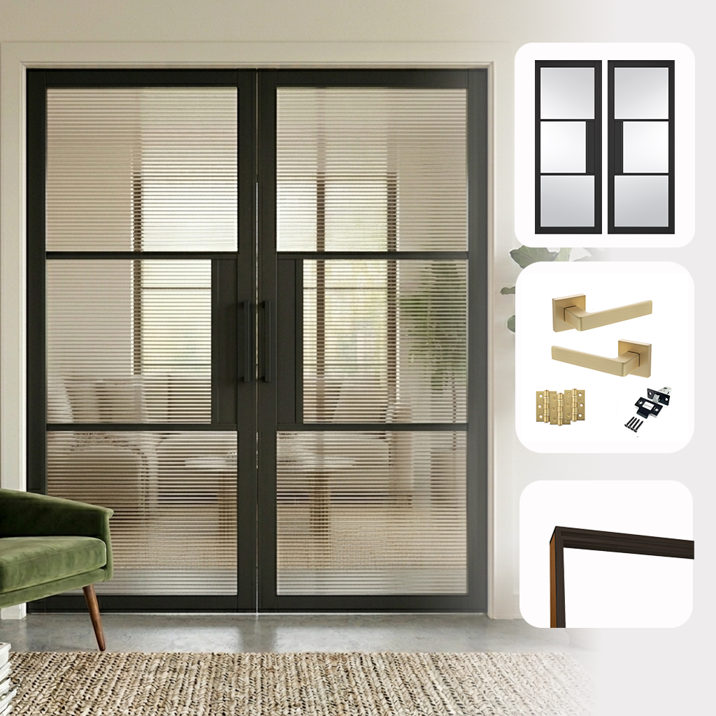 Tribeca Black Reeded Glazed Internal Pair Door Set