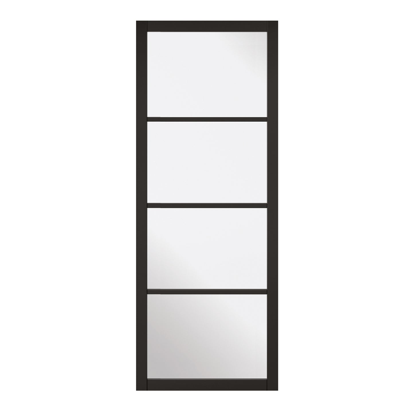 A black four-panel glazed door with a primed finish.