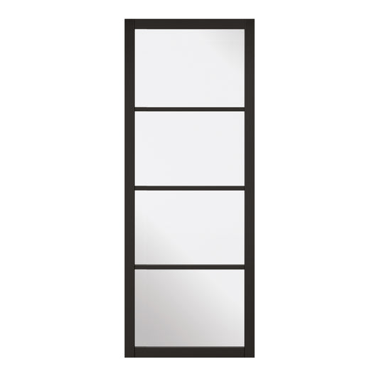 A black four-panel glazed door with a primed finish.