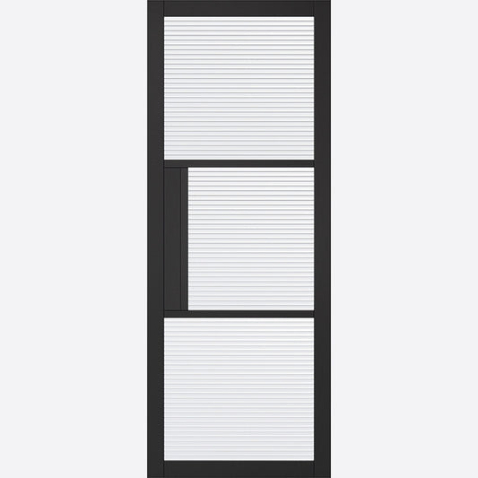 A black internal door with three reeded glazed panels, featuring a modern and industrial design.