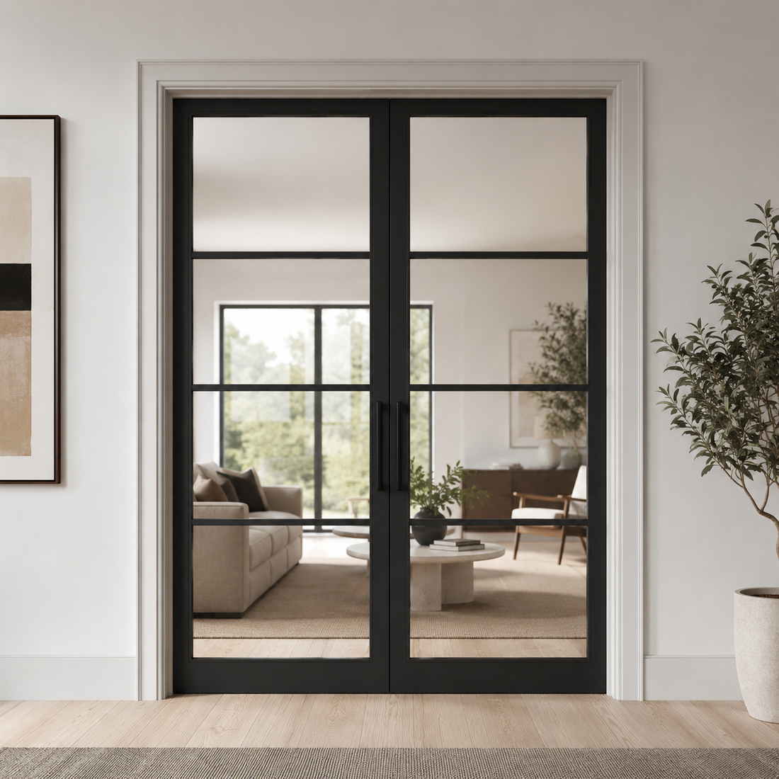 Modern black-framed glass room divider door closed into a bright, spacious living area with natural light, neutral décor, and contemporary furnishings.