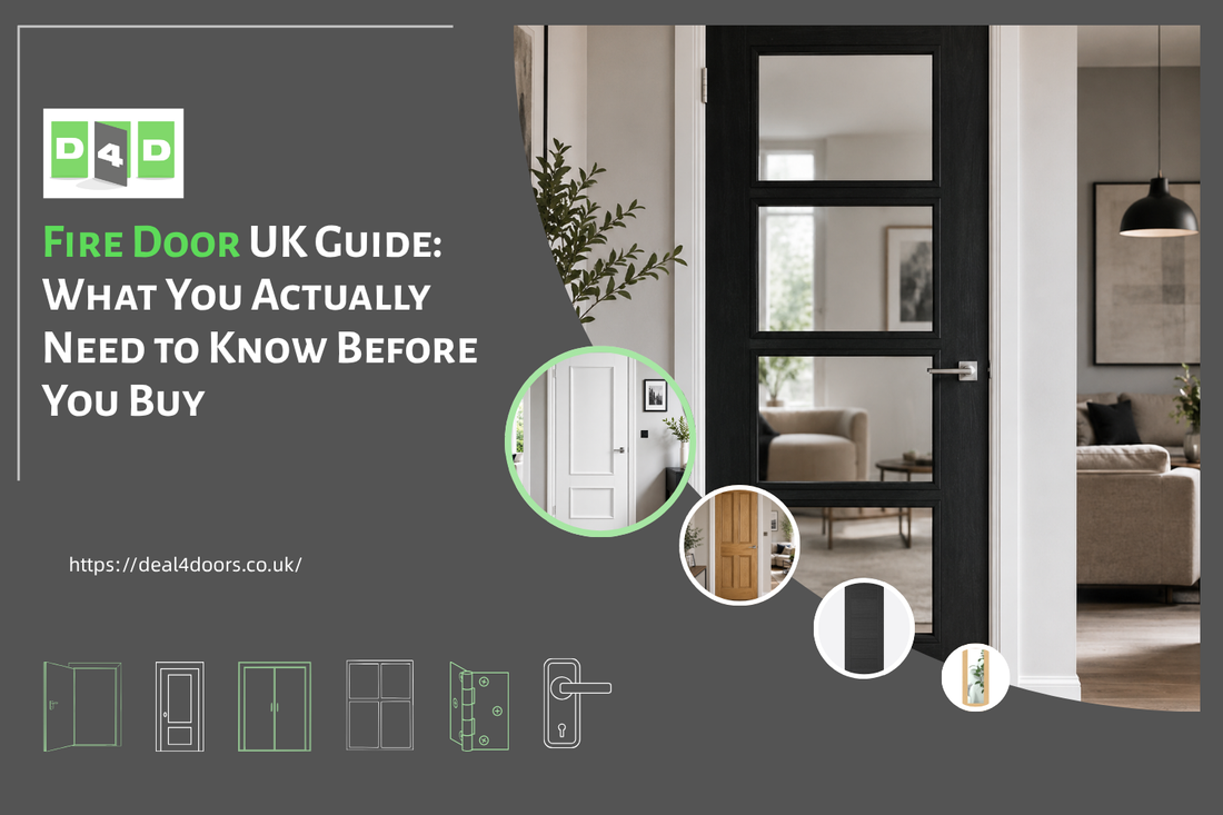  Fire door UK guide graphic featuring glazed, white and oak fire doors in modern home interiors.
