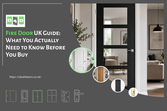 Fire door UK guide graphic featuring glazed, white and oak fire doors in modern home interiors.