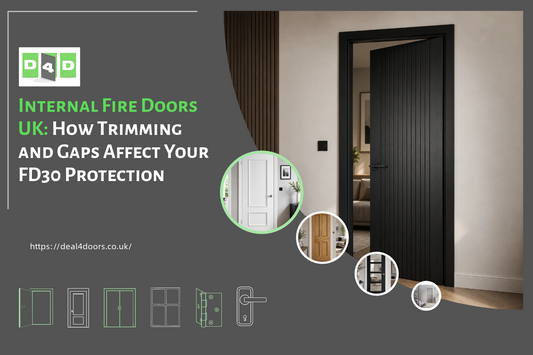 Internal fire doors UK showing black, white, oak and glazed door styles with a focus on FD30 fire door trimming and gap protection.