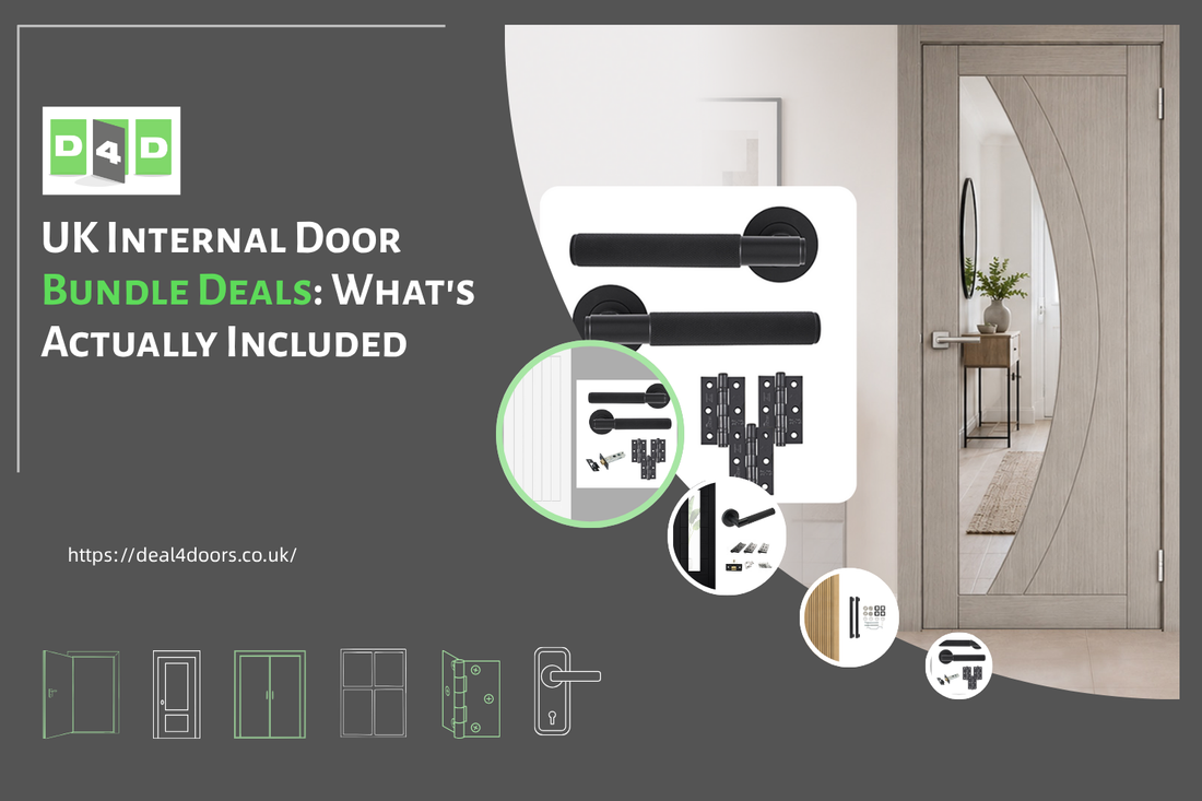  UK internal door bundle deals featuring an oak-style internal door, black door handles, hinges, and hardware accessories.
