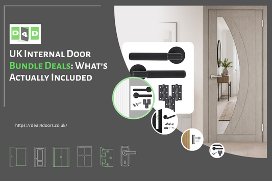  UK internal door bundle deals featuring an oak-style internal door, black door handles, hinges, and hardware accessories.