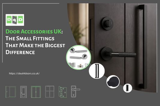  Modern door with black handles and accessories, promoting UK door fittings.