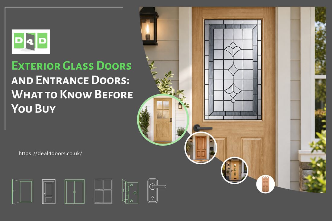 Exterior glass and entrance doors showcased in a home setting, featuring a decorative glass panel door, wooden entrance doors, door hardware, and multiple door design examples.