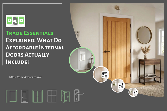 Deal4Doors trade essentials graphic explaining what affordable internal doors include, featuring a wood-effect internal door, door hardware, and installation component illustrations.