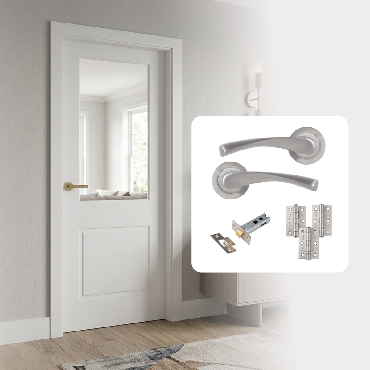 Fully Finished White Laminate 1 Panel 1L Clear Glazed Internal Door with Handle Pack