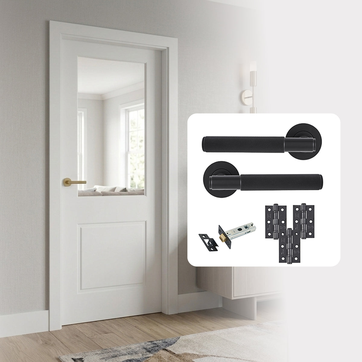 Fully Finished White Laminate 1 Panel 1L Clear Glazed Internal Door with Handle Pack