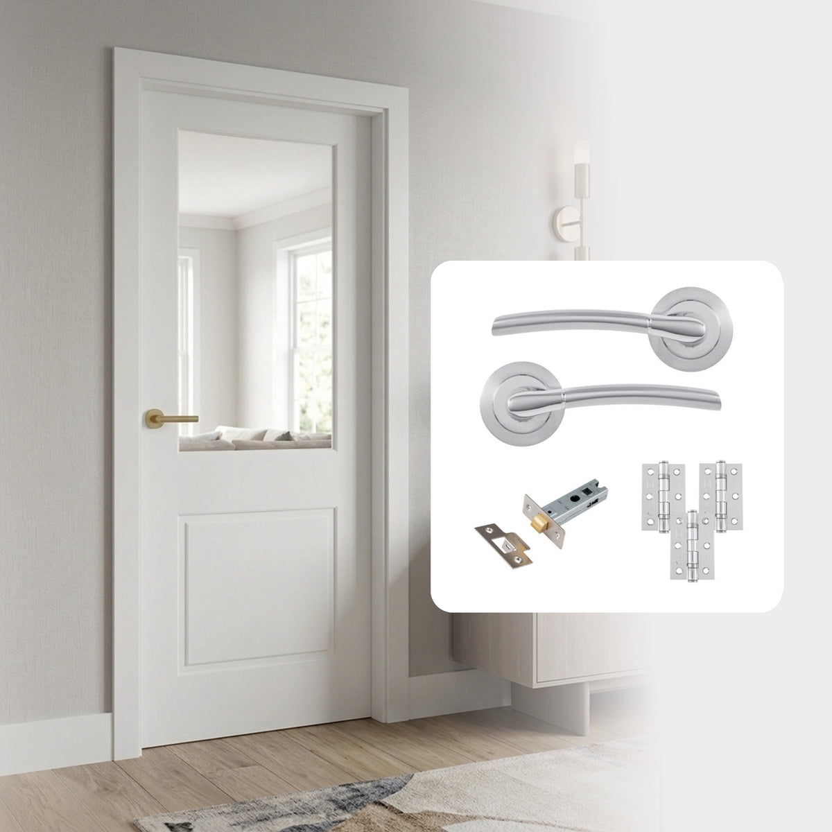 Fully Finished White Laminate 1 Panel 1L Clear Glazed Internal Door with Handle Pack