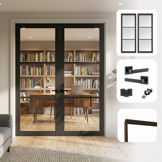 Industrial 3L Black Clear Glazed Internal Pair Door Set