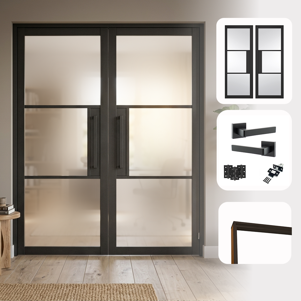 Industrial Style 3L Frosted Glazed Internal Door Pair Set