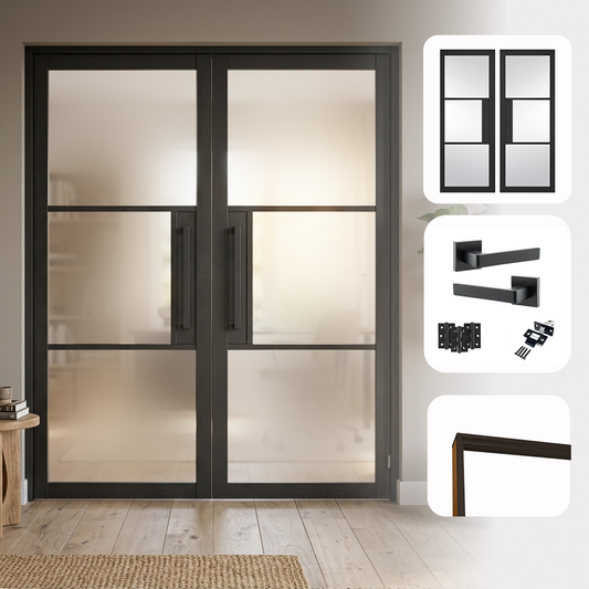 Industrial Style 3L Frosted Glazed Internal Door Pair Set