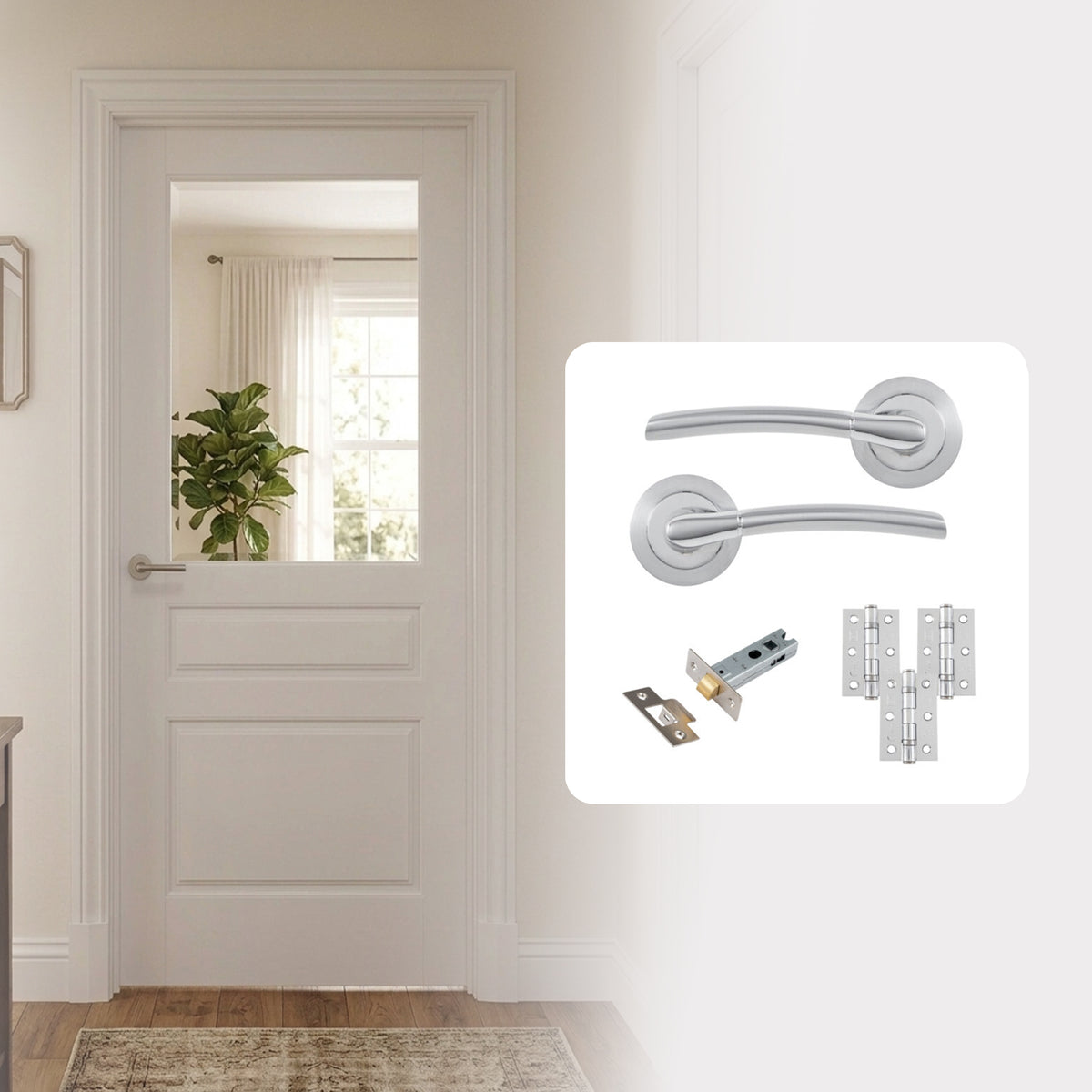 Fully Finished White Laminate 2 Panel 1 Light Clear Glazed Internal Door with Handle Pack