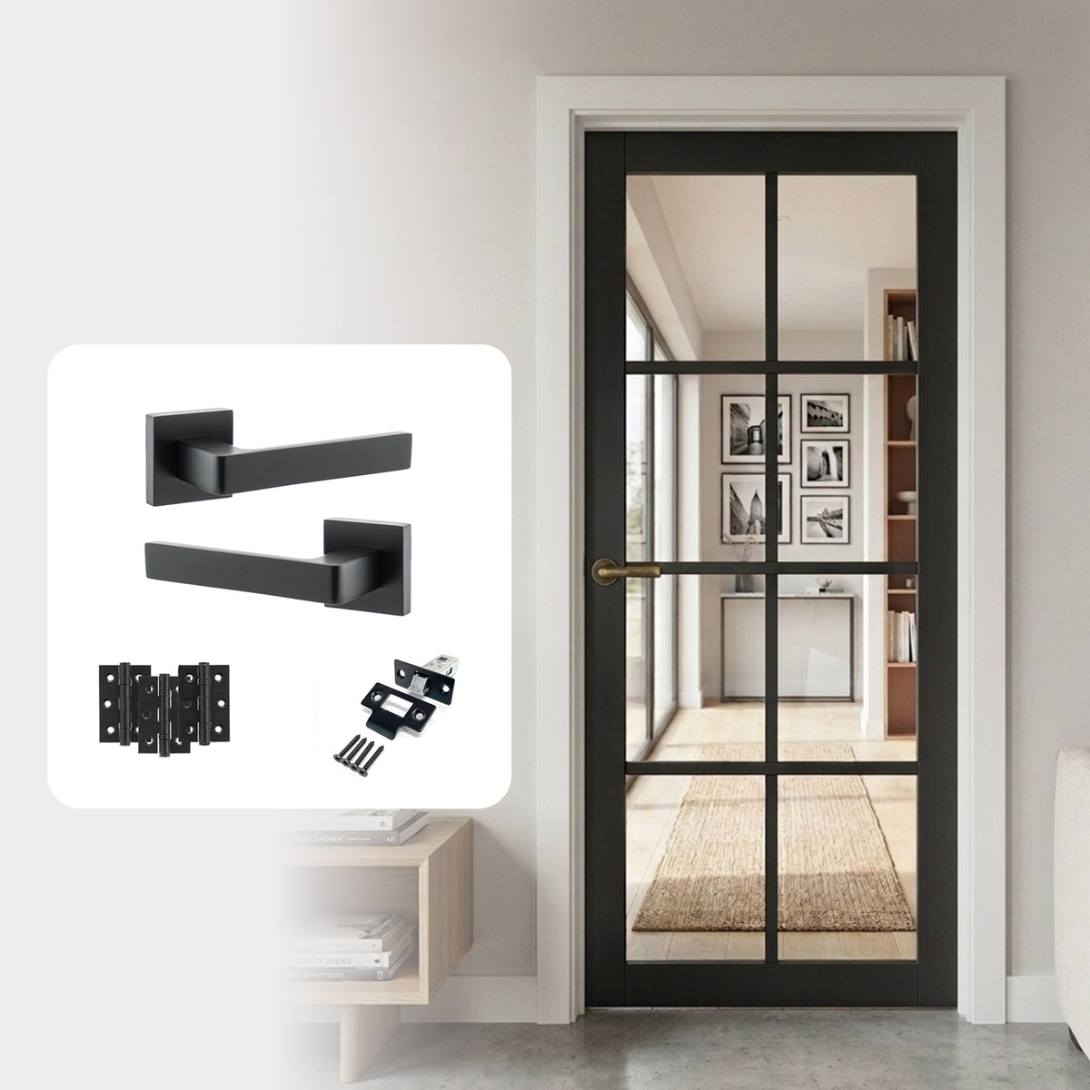 Urban 8L Fully Finished Clear Glazed Industrial Style Internal Door with Handle Pack