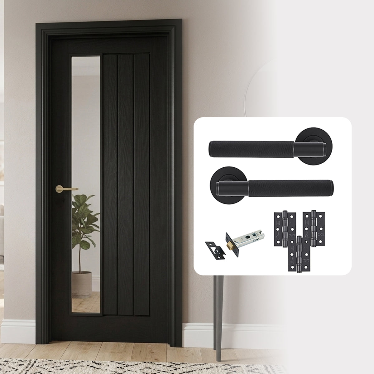 Fully Finished Black Mexicano Offset Clear Glazed Fire Rated FD30 Internal Door with Handle Pack
