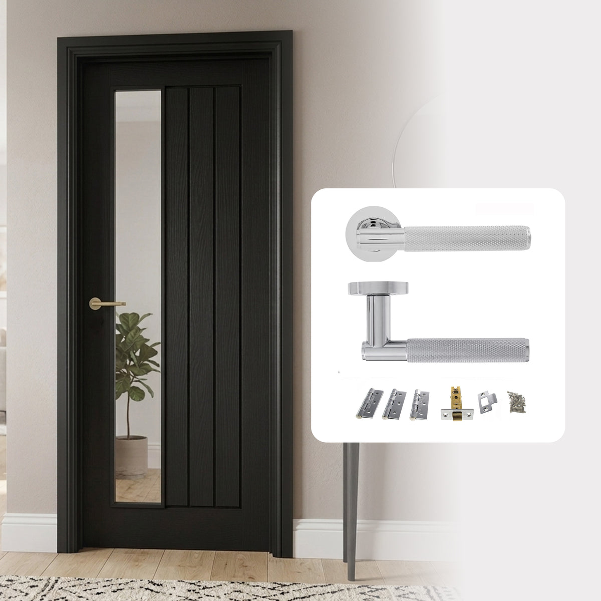Fully Finished Black Mexicano Offset Clear Glazed Fire Rated FD30 Internal Door with Handle Pack