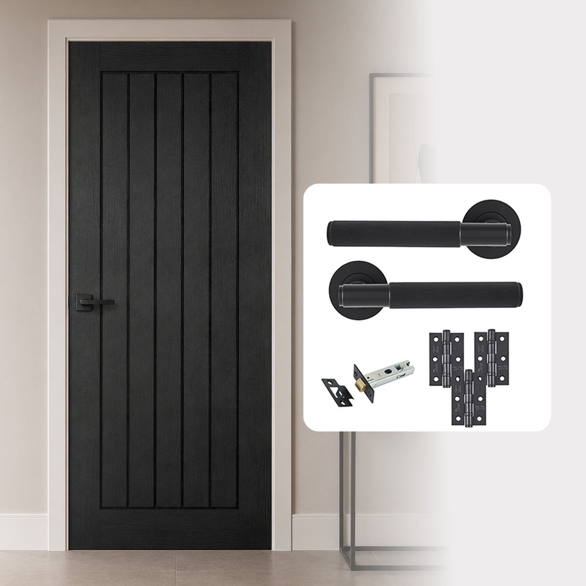 Fully Finished Black Oak Mexicano Internal Door with Handle Pack