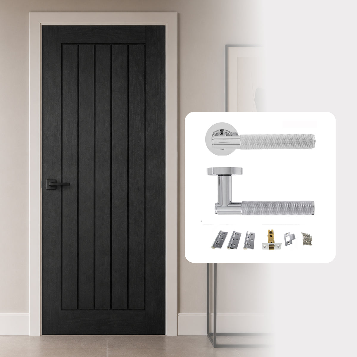 Fully Finished Black Oak Mexicano Internal Door with Handle Pack