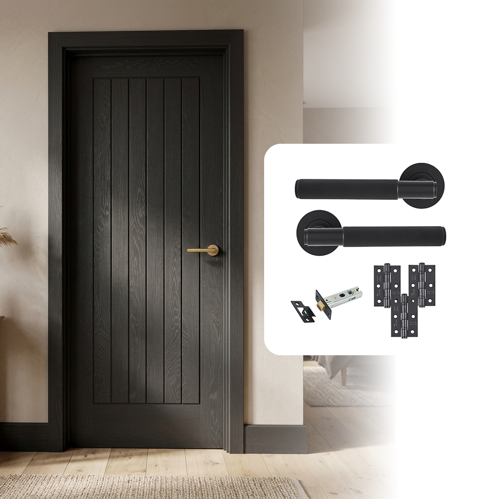 Fully Finished Black Suffolk Laminate Internal Cottage Door with Handle Pack