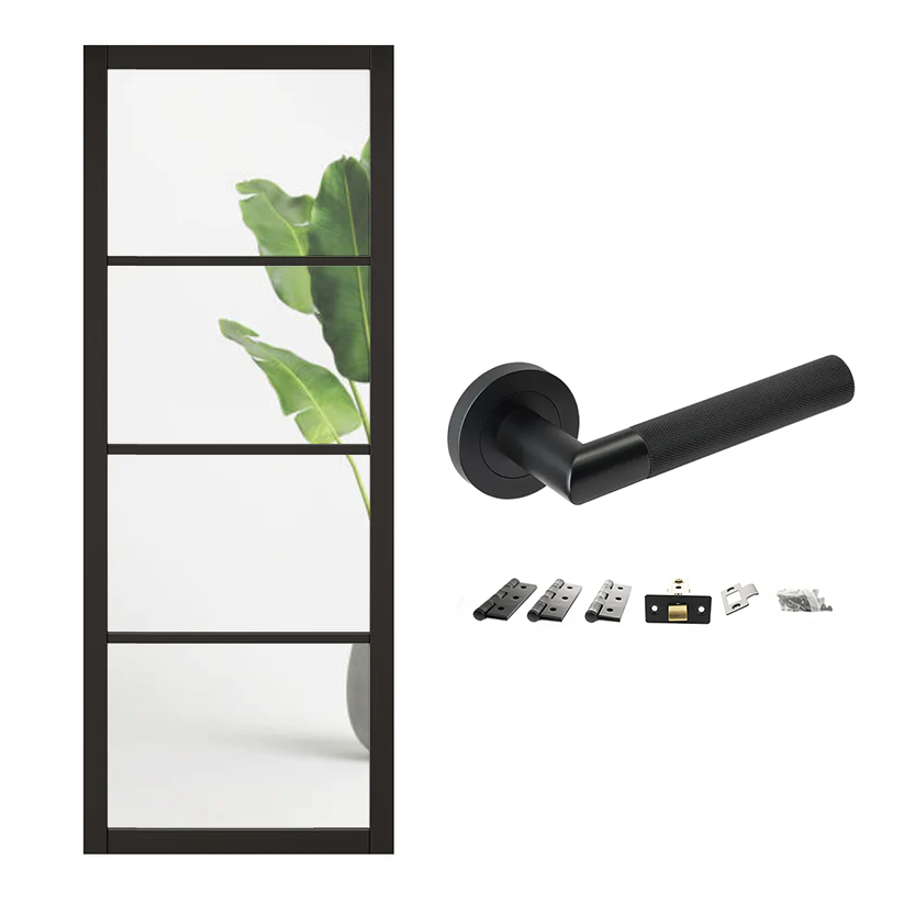 Industrial 4L Black Clear Glazed Internal Door with Handle Pack Bundle