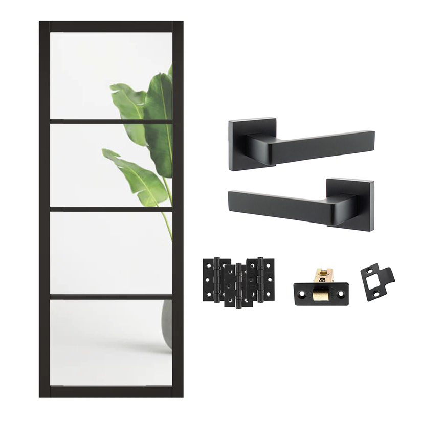 Industrial 4L Black Clear Glazed Internal Door with Handle Pack Bundle