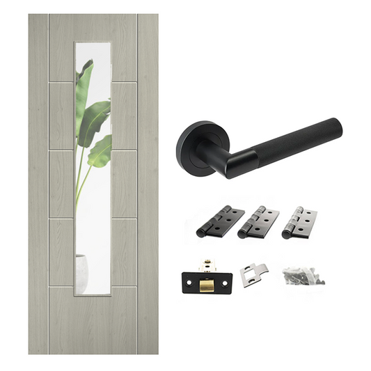 Ladder 5P Clear Glazed Laminate Light Grey Finished Internal Door & Handle Pack Bundle