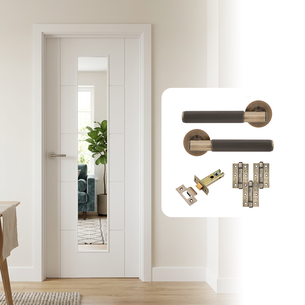 Fully Finished White Laminate Glazed 1L Ladder Internal Door with Handle Pack