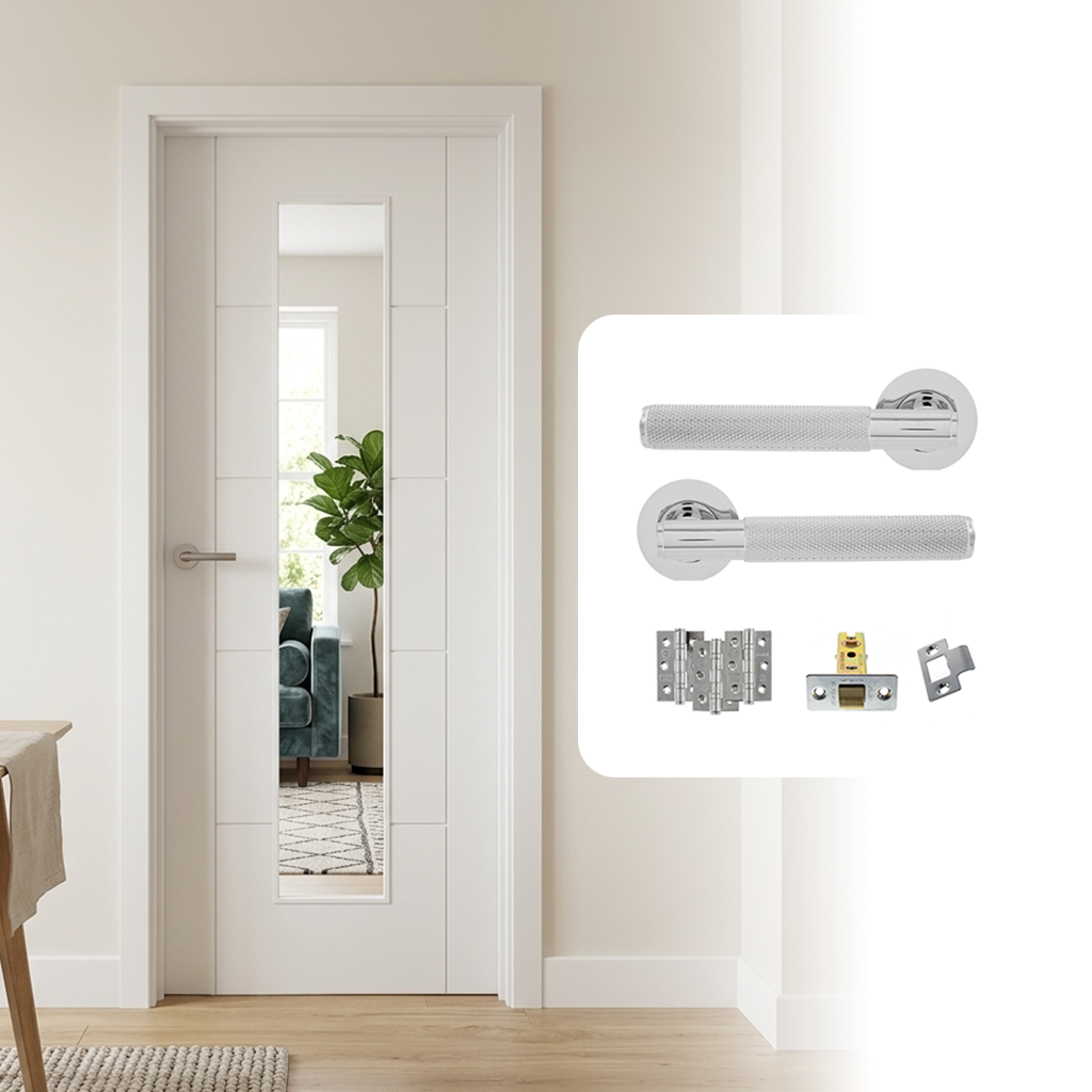 Fully Finished White Laminate Glazed 1L Ladder Internal Door with Handle Pack