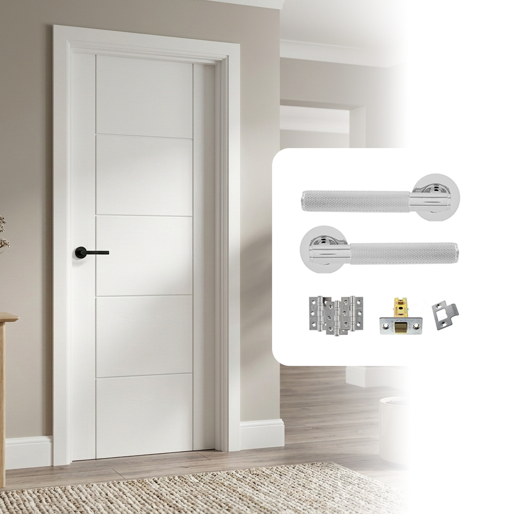 Fully Finished White Laminate Ladder 5P FD30 Fire Rated Internal Door with Handle Pack