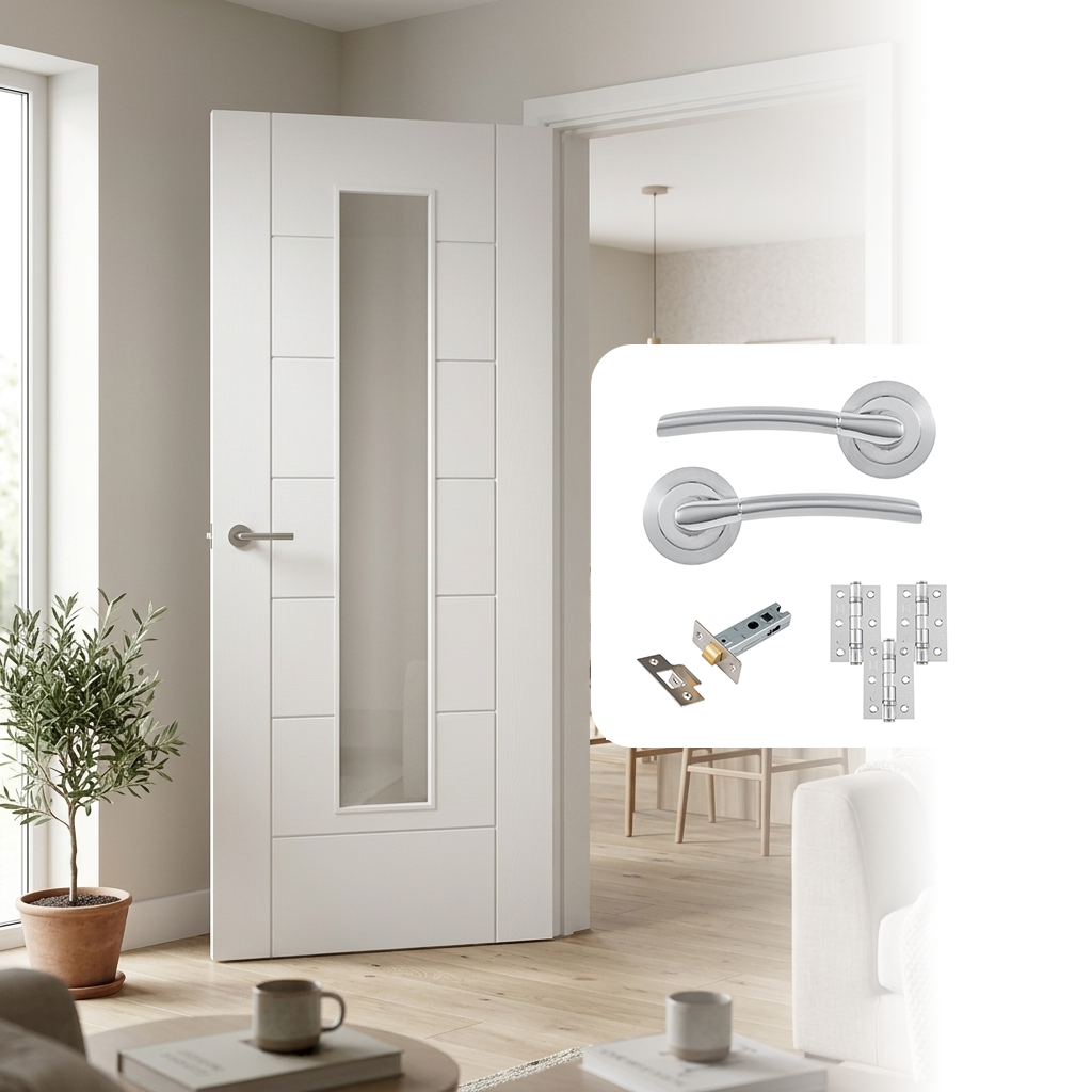 Fully Finished Laminate Linear Glazed 7 Panel White Internal Door with Handle Pack