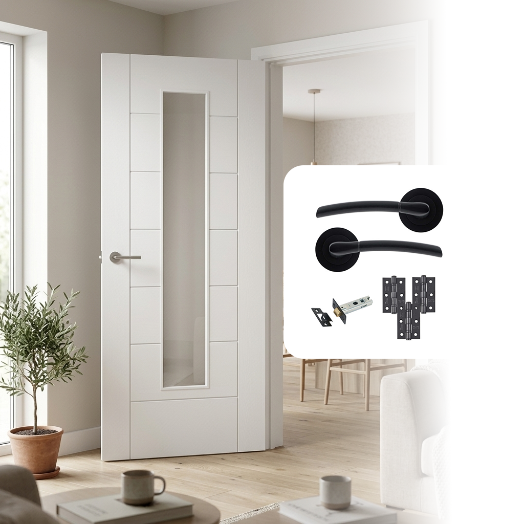 Fully Finished Laminate Linear Glazed 7 Panel White Internal Door with Handle Pack