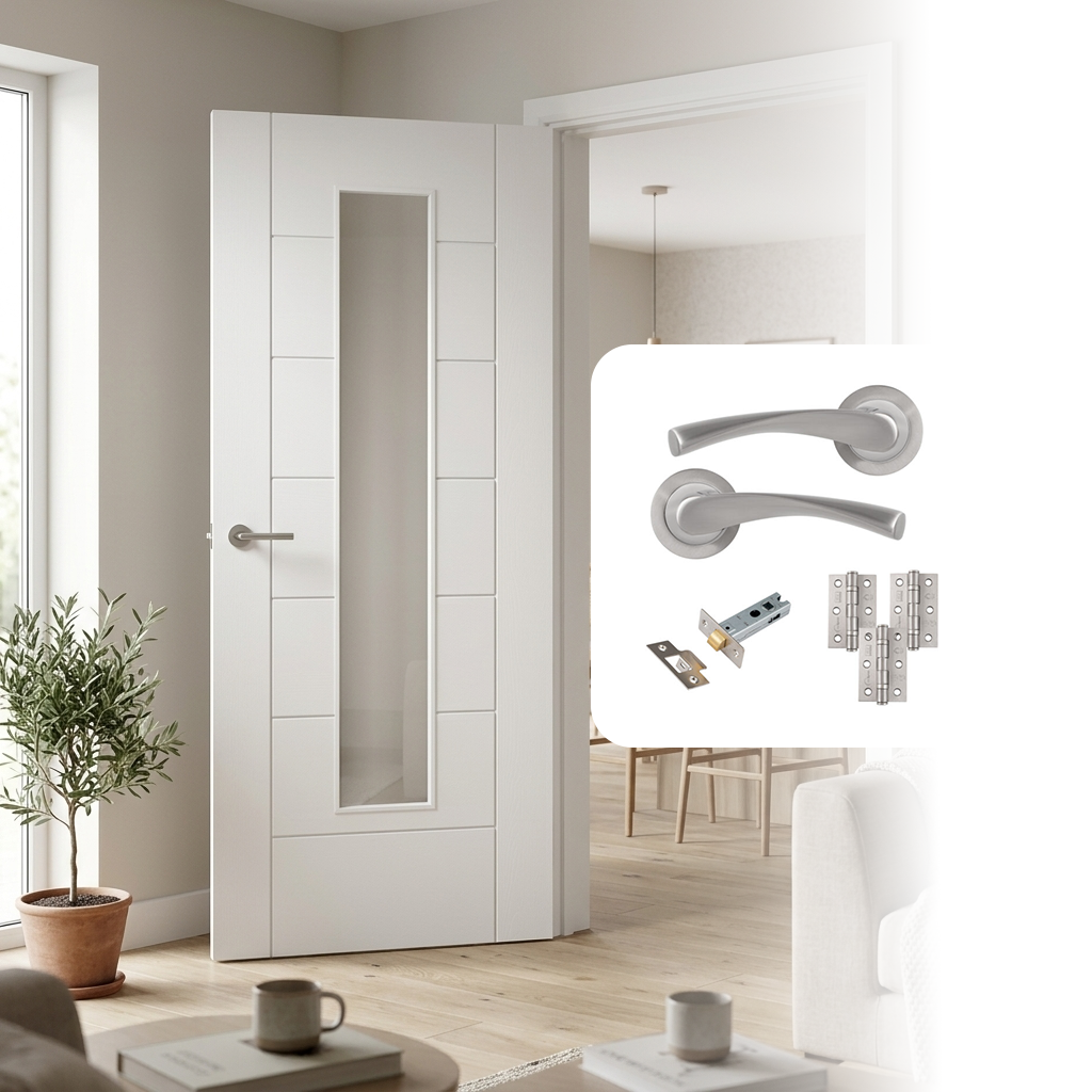 Fully Finished Laminate Linear Glazed 7 Panel White Internal Door with Handle Pack